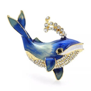 Cool Enameled Whale Brooch with Sparkling Rhinestones
